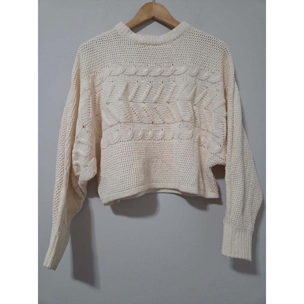 Planet Gold Ivory Cable Knit Cropped Sweater Womens Medium Pullover‎ Crewneck